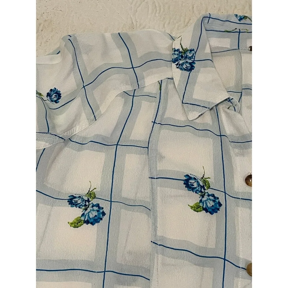 Free People Blue Floral Plaid Button Down Blouse Viscose Long Sleeve Top Large